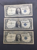 3 Count Lot of 1957 United States Washington $1 Silver Certificates - Bill Currency Notes