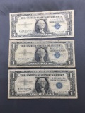 3 Count Lot of 1957 United States Washington $1 Silver Certificates - Bill Currency Notes