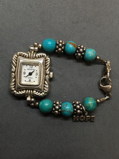 Geneva Designer Watch Center w/ Rectangular 14x12mm Face & Sterling Silver w/ Turquoise Beaded