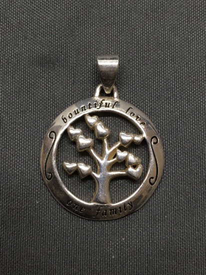 Heart Themed Family Tree of Life Round 20mm Diameter High Polished Sterling Silver Pendant
