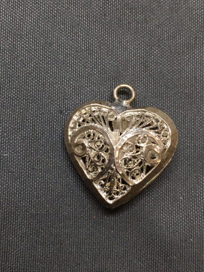 Turkish Made 17x17x6mm Filigree Decorated Sterling Silver Heart Pendant