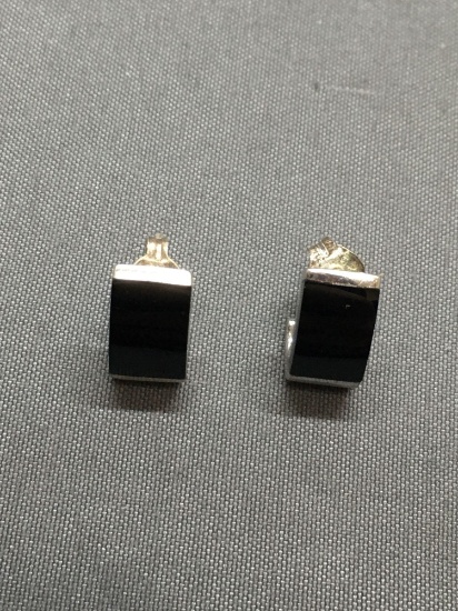 Half Round 11mm Long 5mm Wide Pair of Sterling Silver Earrings w/ Onyx Inlay Center