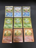 9 Card Lot of Vintage Pokemon Base Set STARTER Trading Cards - CHARMANDER SQUIRTLE BULBASAUR