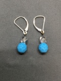 Briolette Faceted Two-Tier Beaded Blue & White Glass Bead Pair of Sterling Silver Drop Earrings