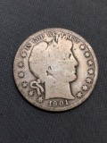 1901 United States Barber Silver Half Dollar - 90% Silver Coin from Estate