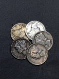 5 Count Lot of United States Mercury SILVER Dimes - 90% Coins from Estate