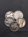 5 Count Lot of United States Mercury SILVER Dimes - 90% Coins from Estate