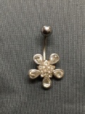 Round & Pear Faceted CZ Featured 15mm Diameter Flower Sterling Silver Belly Button Jewelry