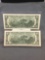 2 Consecutive Uncirculated 1995 United States Jefferson $2 Green Seal Bill Currency Notes