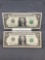 2 Consecutive Uncirculated 1977 United States Washington $1 Green Seal Bill Currency Notes - STAR