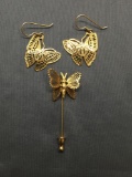 Lot of Three Various Style Gold-Tone Butterfly Themed Fashion Pair of Earrings and Pin
