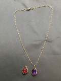 Lot of Two Gold-Tone Fashion Jewelry, One 20in Long Necklace w/ Purple Rhinestone Pendant & Matching