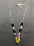 New! Gorgeous Rainbow Color Solar Druzy w/ Faceted Amethyst Accents 20in Long S-Clasp Sterling