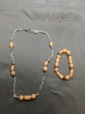 Lot of Two Matched Set Rose Agate Beaded Jewelry, One 7in Long Bracelet & One 20in Long Necklace
