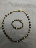 Lot of Two Matched Set Faceted Smokey Topaz Gold-Tone Alloy Beaded Jewelry, One 20in Long Necklace &