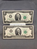 2 Consecutive Uncirculated 1976 United States Jefferson $2 Green Seal Bill Currency Notes
