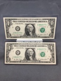 2 Consecutive Uncirculated 1977 United States Washington $1 Green Seal Bill Currency Notes - STAR