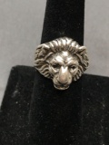 Lion's Head Design 2.1cm Diameter Sterling Silver Ring Band from Estate Collection