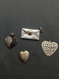 Estate Lot of 4 Sterling Silver Bracelet Charms w/ Heart Designs in Varying Sized