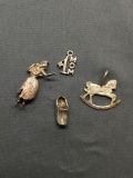 Estate Lot of 4 Sterling Silver Bracelet Charms w/ Various Styles and Sizes