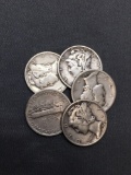 5 Count Lot of United States Mercury Silver Dimes - 90% Silver Coins from Estate