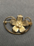 Gold Toned Flower Shaped Sterling Silver Brooch w/ 3 Small White Stones from Estate Jewelry