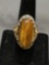 Oval Shaped 26x14mm large Tiger's Eye Cabochon Center Two-Tone Filigree Detailed Stainless Steel