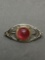Marquise Shaped 37mm Long 17mm Tall Embossed Sterling Silver Brooch w/ Red Resin Cabochon Center
