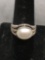 Bead Ball Frame Detailed Horizonal Set Oval Faux Pearl Center Sterling Silver Ring Band