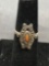 Milgrain Marcasite Detailed Halo Oval Amber Cabochon Center Vintage Sterling Silver Ring Band