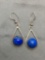 Round 13mm Sawtooth Bezel Set Lapis Gemstone Cabochon Center Pair of Sterling Silver Dangle Earrings