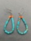 Turquoise & Coral Beaded Pair of 35mm Long Teardrop Hoop Earrings w/ Sterling Silver Shepard's Hook