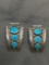 Three Graduating Turquoise Accented Match Pair of Detailed 35mm Tall 20mm Wide Sterling Silver Old