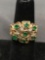 Round Faceted Emerald Gemstone & Diamond Cluster Setting 15mm Wide Tapered 10Kt Gold Ring Band - 7