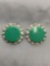 Round 20mm Green Onyx Featured Center Scallop Detailed Pair of Sterling Silver Button Earrings