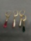 Lot of Two Matched Pairs of Rolled Gold Dangle Earrings, One w/ Green Gemstone & One w/ Red