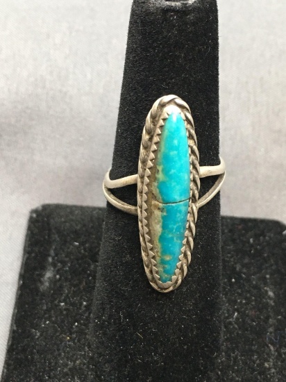 Rope Detail Framed Sawtooth Bezel Set Marquise Shaped 28x7mm Turquoise Cabochon Center Old Pawn