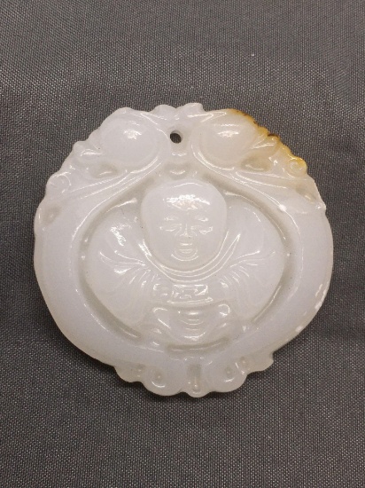 Asian Style Hand-Carved Buddha Design Round 47mm Diameter White Jade Pendant