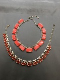 Lot of Two Red Resin Featured Silver-Tone Fashion 12in Long Choker Necklaces