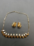 Lot of Two Matched Design Gold-Tone Fashion Pair of Clip-On Earrings & 14in Long Necklace w/ Orange