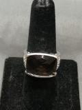 Horizontal Semi-Bezel Set Rectangular 16x12mm Checkerboard Faceted Smokey Topaz Filigree Detailed