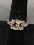 Milgrain Framed Shared Prong Set Round Faceted CZ Accented Vintage Style Sterling Silver Ring Band