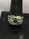 ESPO Designer Oval Faceted Multi-Saturated Green CZ Gem Cluster Center w/ Round White CZ Accents