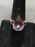 Pear Faceted 15x12mm Mystic Topaz Center w/ Twin Round Amethyst Sides High Polished Sterling Silver