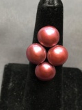 Four Round 10mm Pink Pearl Featured Centers 26mm Tall 20mm Wide Top Sterling Silver Ring Band