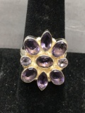 Bezel Set Oval, Marquise & Round Faceted Amethyst Cluster Center 25mm Tall 18mm Wide Top Sterling