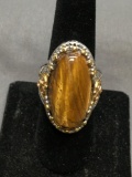 Oval Shaped 26x14mm large Tiger's Eye Cabochon Center Two-Tone Filigree Detailed Stainless Steel