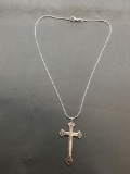 High Polished Filigree Detailed 51mm Tall 30mm Wide Sterling Silver Cross Pendant w/ Snake Link 1mm