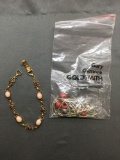 Lot of Two, One Gemstone Accented Vintage Style 7in Long Bracelet & One Bag of Loose Silver & Coral