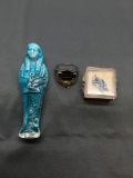 Lot of Three, Stainless Steel Harley Davidson Ring, Figurine Tie Pin & Porcelain 4in Tall Egyptian